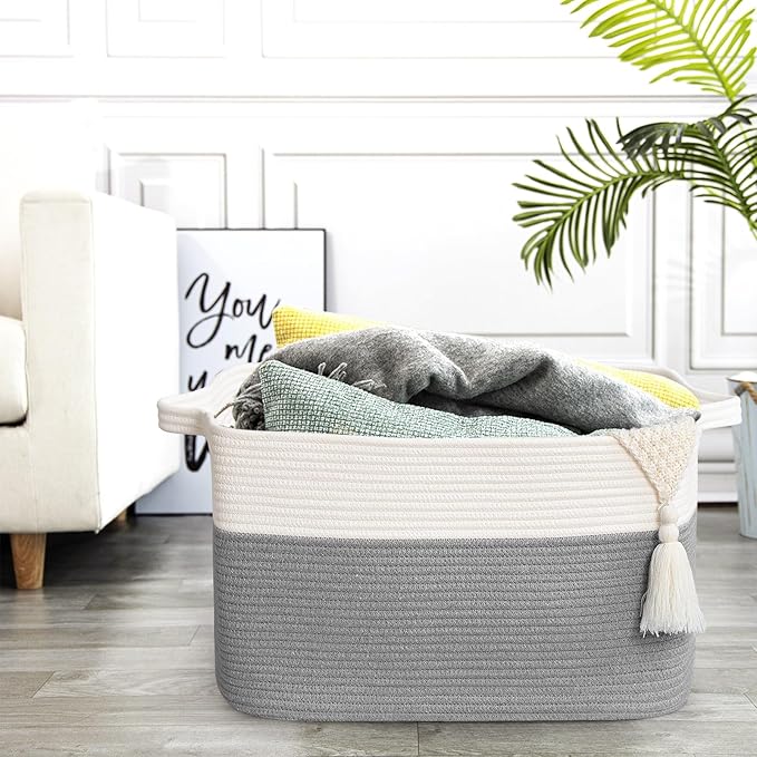 Large Blanket Basket, 60 L Rectangle Storage Baskets for Organizing, Woven Laundry Basket for Blankets, Cotton rope Blanket Storage for Living Room, Nursery Room, Gray