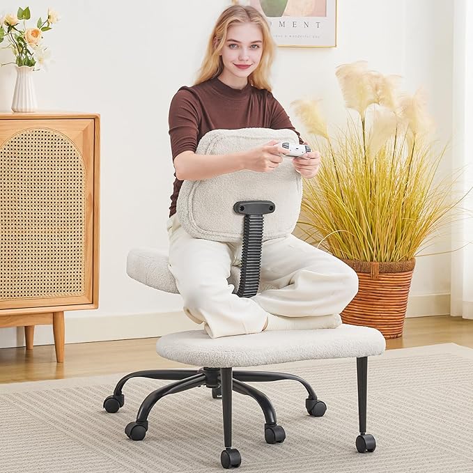 Criss Cross Legged Meditaion Chair,Exquisite Home Office Furniture,Ergonomic Kneeling with Lumbar Support and Adjustable Height Stool,for ADHD Adults,Teddy Fabric,White