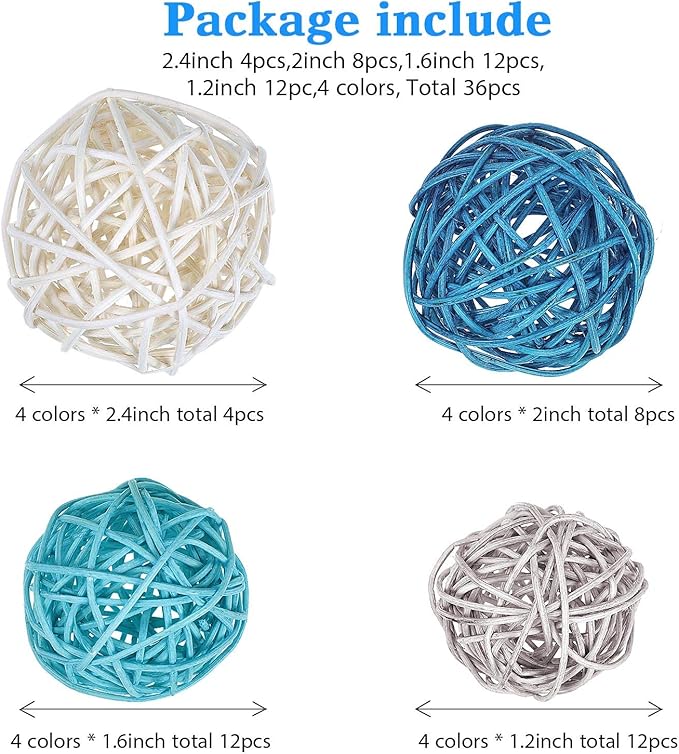 Patelai 36 Pcs Wicker Rattan Balls Decorative Balls for Vase Centerpiece Bowls Orbs Filler for Home Decor,4 Sizes(Dark Blue, Sky Blue, Gray, White)
