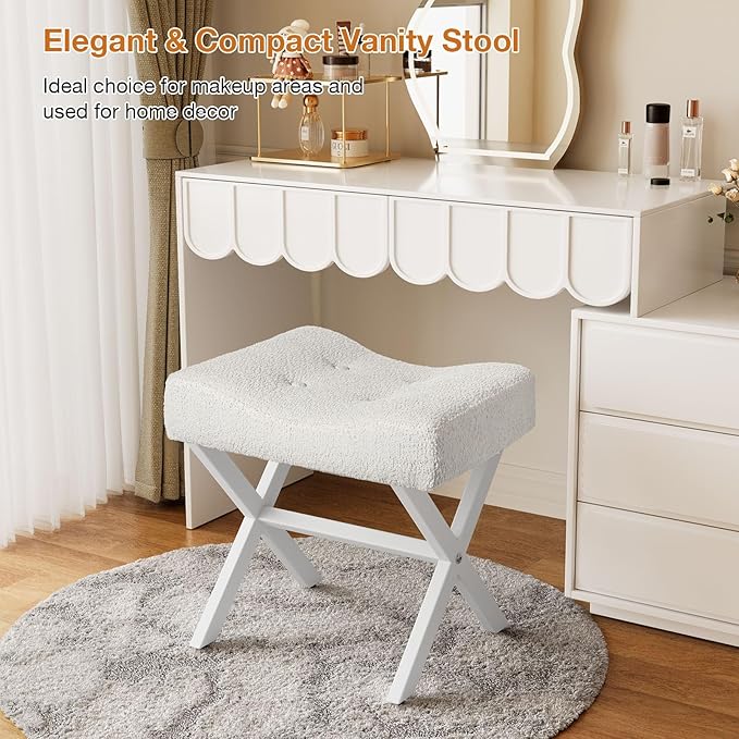 18-Inch Large Vanity Stool Chair, Vanity Bench with Metal X-Legs, Ottoman Accent Stool with Breathable and Soft Boucle Fabric Saddle Seat, White