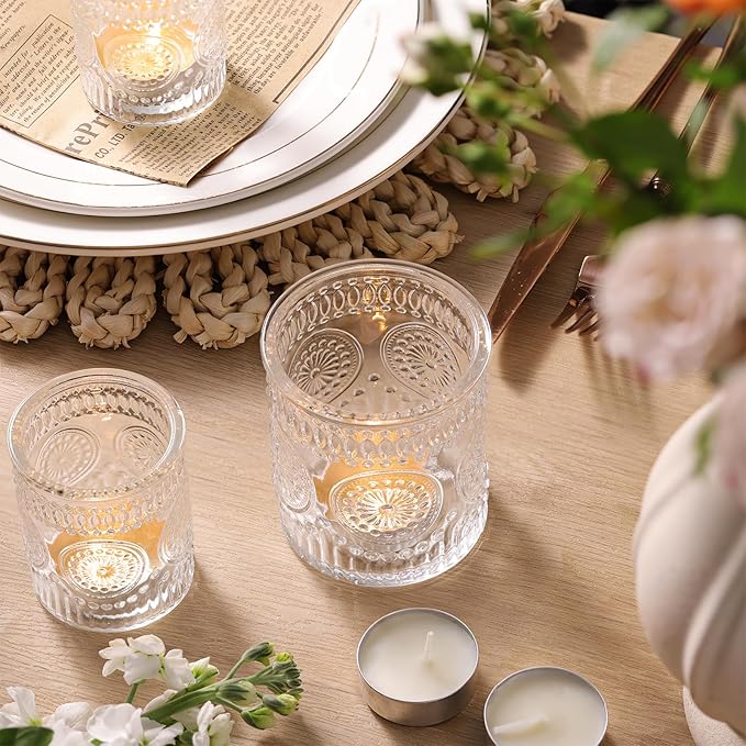 Volens 20pcs Assorted Clear Votive Candle Holders with 20pcs Tealight Candles, Large Glass Votive & Tea Light Candle Holder for Wedding Table Centerpieces, Christmas Party Decorations, Fall Home Decor