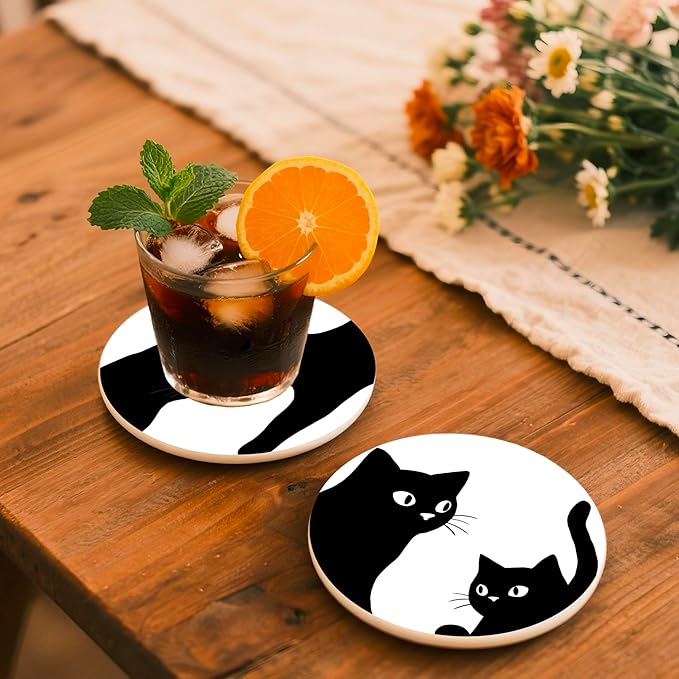 Black Cat Coasters Set of 6 with Holder - Ceramic Drink Coasters & Wall Art, Cute Home Decor for Cat Lovers, Kitchen, Living Room, Coffee Bar - Housewarming Gifts