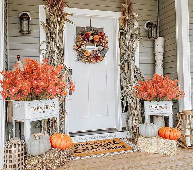 RECUTMS 8 Bundles Artificial Flowers Outdoor Faux Grasses for Outdoor Planter UV Resistant Fall Fake Plants Greenery Stems Faux Flowers Shrubs for Home Weddings Garden Office Indoor Decor(Orange)