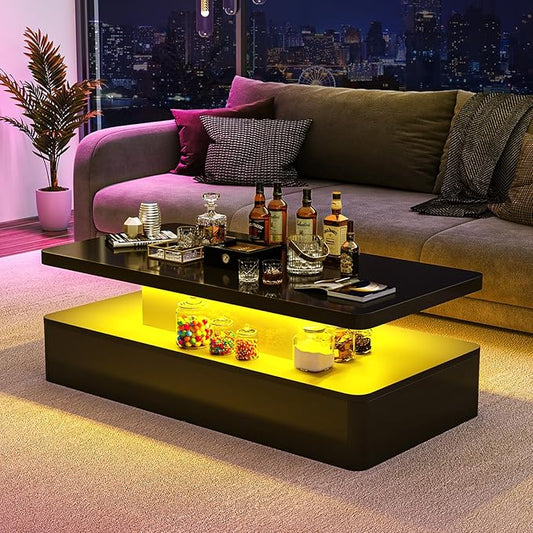 oneinmil Modern LED Coffee Table, 47" Living Room Tables with Double-Layer Design, 16 Colors LED Lights, Stylish Coffee Tables for Living Room, Home, Office, Black