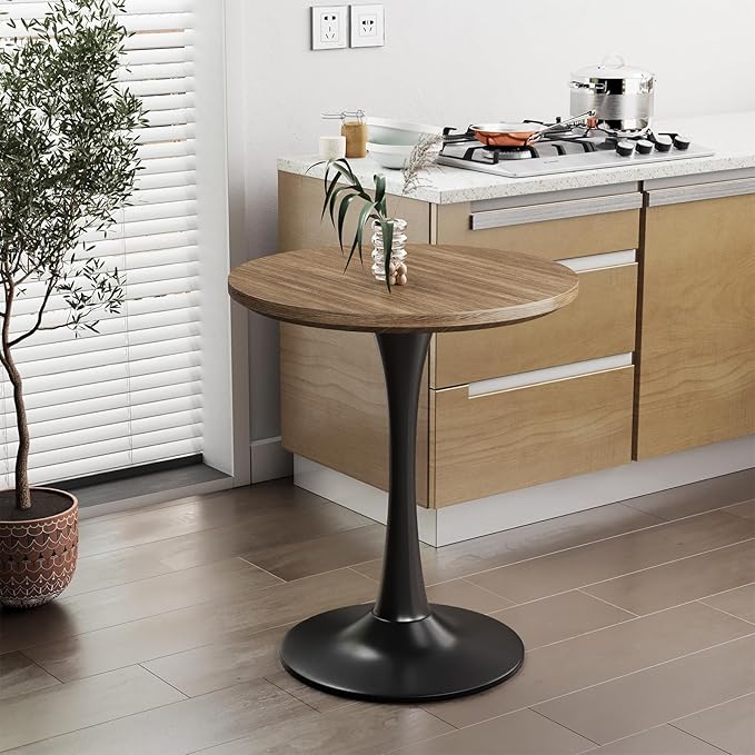 24" Small Tulip Table for 2 Person, Walnut Wood Round Dining Table for Kitchen, Mid Century Modern Table with Metal Pedestal Base for Cafe, Pub, Bar, Living Room, Bar, 24 inch Circle Bistro Tables