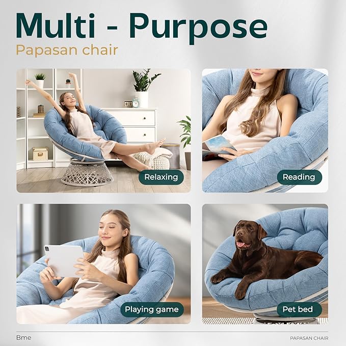 Bme 40" Ergonomic Wicker Papasan Chair with Soft Thick Cushion & Frame, 360° Swivel, Circle, Reading, Comfy Chair for Living Room, Bedroom