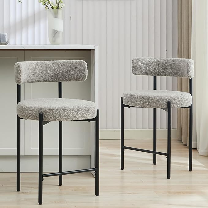 24'' Boucle Bar Stools Set of 3, Grey Bar Stools with Backs, Counter Height Bar Height Stools for Kitchen Island, Upholstered Bar Chairs