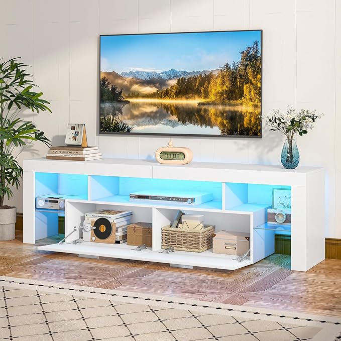Clikuutory Modern Lighting 63 inch TV Stand with Large Storage Drawer for 50 55 60 65 70 75 Inch TVs, TV Console with 20 Color LED Lights, Entertainment Center Media and Open Shelf for Bedroom, White