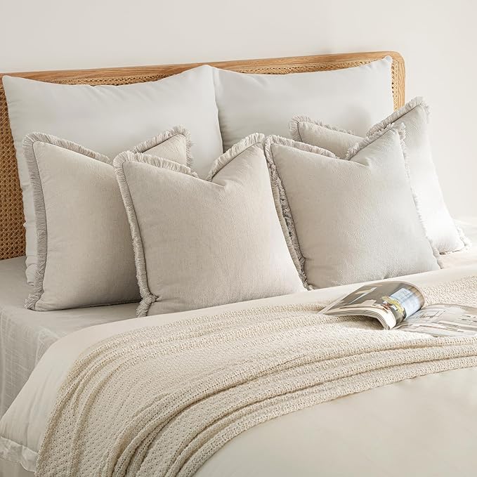 MIULEE Decorative Couch Pillow Covers Neutral Beige Linen Fringe Throw Pillows Set of 4 Boho Farmhouse Cushion Covers Soft Accent Pillowcases for Bed Couch Sofa Living Room Home Decor 18x18 Inch