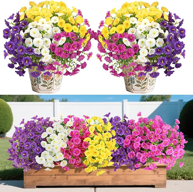 12 Bundles Artificial Flowers for Outdoors Decorations, Fake Flowers Artificial Plants Outdoor, Colorful Faux Morning Glory Eucalyptus Realistic UV Resistant for Garden Patio Porch Home Decor(Mutil1)