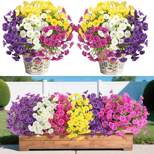 12 Bundles Artificial Flowers for Outdoors Decorations, Fake Flowers Artificial Plants Outdoor, Colorful Faux Morning Glory Eucalyptus Realistic UV Resistant for Garden Patio Porch Home Decor(Mutil1)
