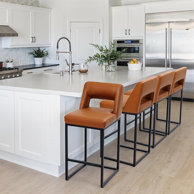 Counter Height Bar Stool for Kitchen Counter Modern Bar Chair with Back for Kitchen Island with Upholstered Faux Leather Seat and Metal Frame, 26 Inch, Light Brown