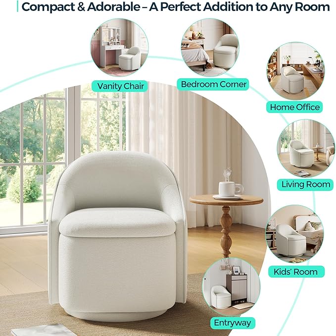 LINSY Swivel Accent Chair with Storage Comfy Chenille Barrel Chairs, Small 360 Swivel Modern Armchair for Living Room Bedroom, Boucle Reading Chair for Study Room (Beige)