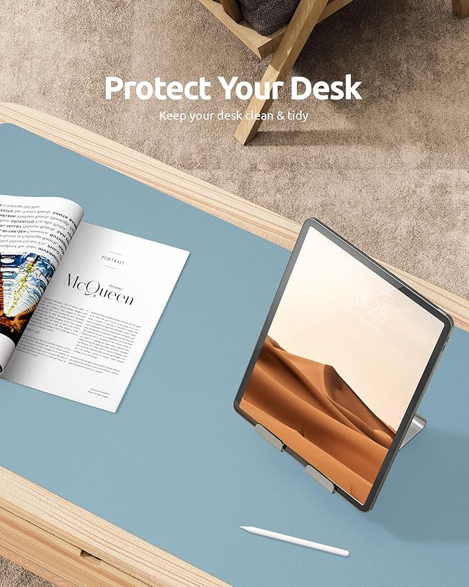 YSAGi Leather Desk Protector, Office Mat, Large Mouse Mat, Non-Slip PU Leather Blotter, Laptop Desk Pad, Waterproof Writing Pad for Office and Home (Ice Blue, 31.5" x 15.8")