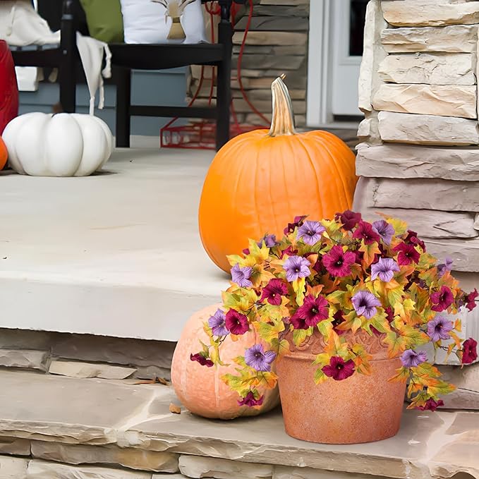 Fall Flowers Artificial for Decoration Fake Petunias Plants for Outdoor, 2PCS Autumn Silk Faux Flower UV Resistant No Fade Floral for Garden Balcony Yard Porch Realistic Indoor Decor (Burgundy Purple)