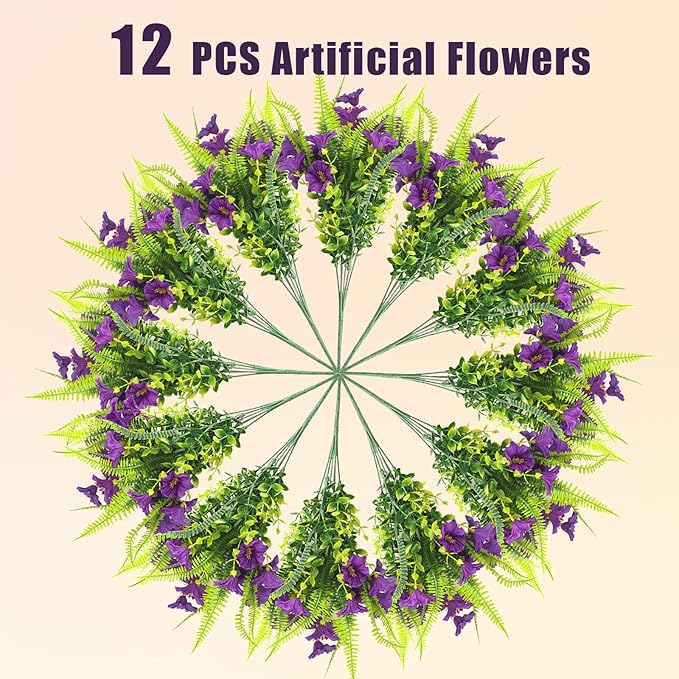 Spring Artificial Flowers Outdoors 12 Bundles Artificial Petunias Fake Flowers UV Resistant Shrubs Plants with Fern for Indoor Outside Hanging Planters Home Garden Decorations (Light Purple)