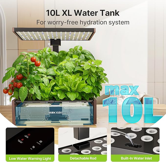 SUNCOZE Hydroponics Growing System Kit, 20 Pods Indoor Herb Garden with 10L Water Tank & Adjustable Height 25", 30W LED Grow Light, LCD Display with Veg/Flower Modes, Pump & Low Water Reminder, Black