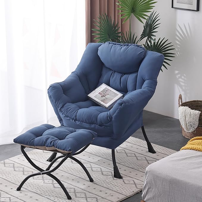 Welnow Lazy Chair with Ottoman, Modern Lounge Accent Chair with Armrests and a Side Pocket, Leisure Sofa Armchair, Reading Armchair with Footrest for Small Space, Royal Blue