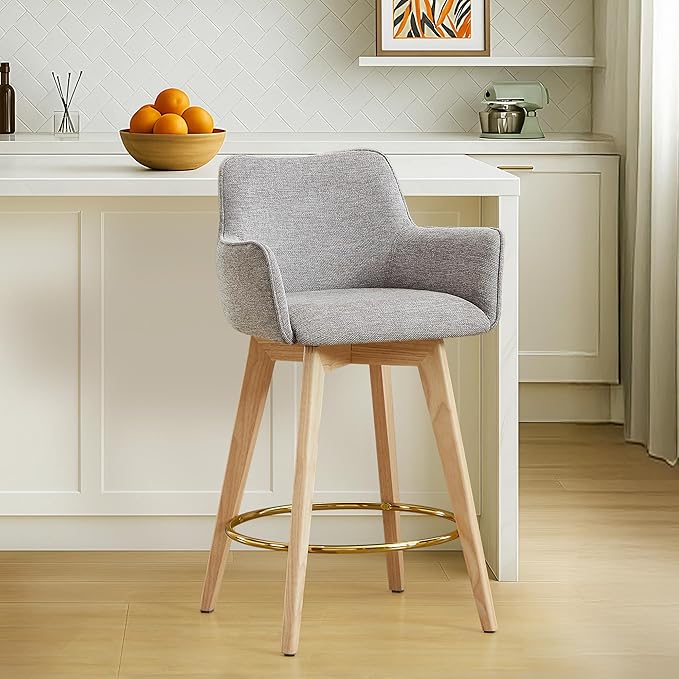 Counter Height Swivel Counter Stools, Linen Upholstered Bar Stools with Back, Arms, Solid Wooden Legs, 26 Inch Chairs for Kitchen Island, Home Pub, Bar, 1 Pcs, Grey