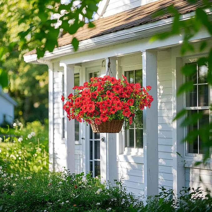 Artificial Fake Flowers for Outdoor Spring Decoration, 16 Bundles Faux Silk Colorful Daisy UV Resistant Realistic for Outside Porch Patio Home Yard Garden Planters Pots Window Box (Red)