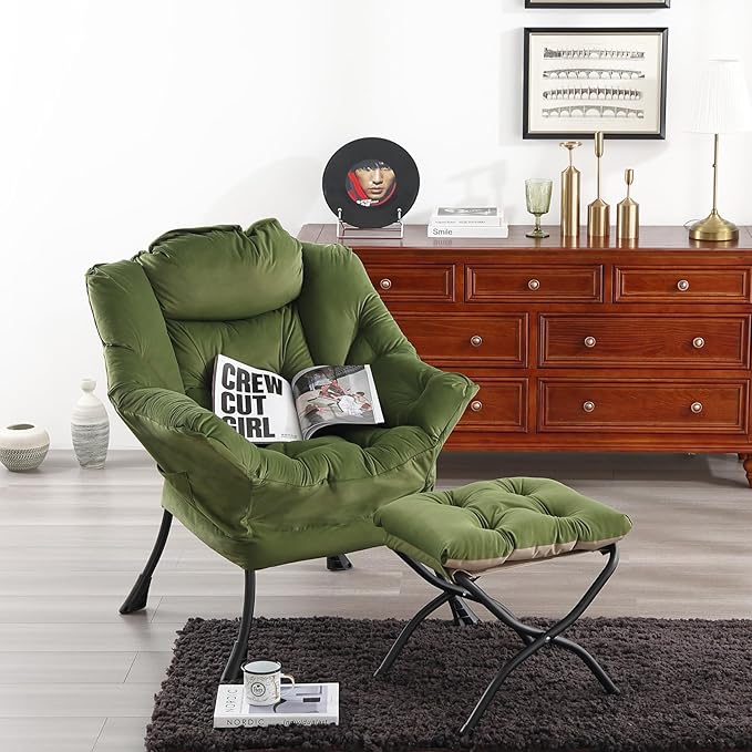 Welnow Lazy Chair with Ottoman, Modern Reading Lounge Accent Chair with Armrests and a Side Pocket, Leisure Upholstered Lazy Sofa Set with Footrest for Small Space, Army Green