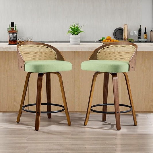 26 inch Swivel Bar Stools with Back, Set of 2 Modern Walnut Bar Chairs, Green Textured Fabric Upholstered Counter Height Stools with Rattan Back for Kitchen Island & Dining Room