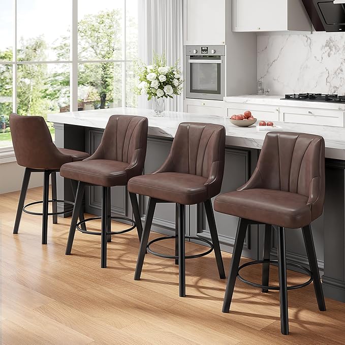 Counter Height Swivel Bar Stool, 24" Upholstered PU Leather Barstools, Counter Stool Chair with Back & Solid Wood Legs for Kitchen Island Dining Room (Brown)