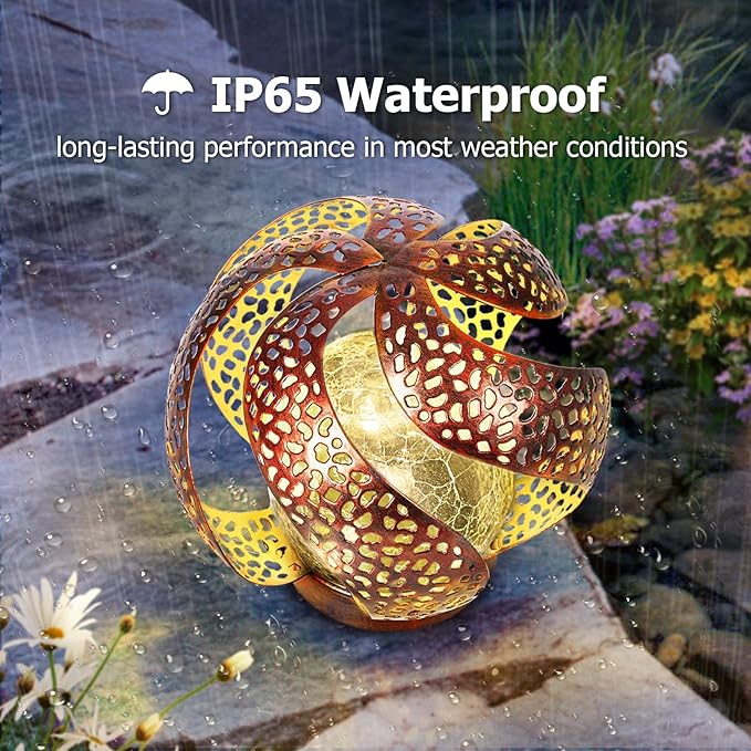 Solar Lights Outdoor - Ramadan Decor for Outside Garden, Hollow Light With Glass Globe, Lantern Gardening Gifts for Women, Mom, Pathway, Balcony, Tabletop Decoration