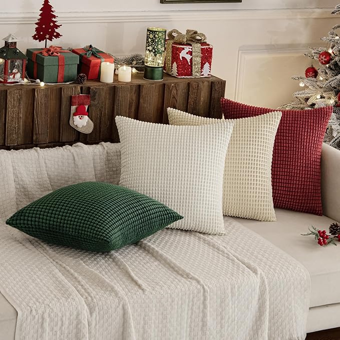 MIULEE Boho Farmhouse Throw Pillow Covers 18x18 Inch Set of 4 Soft Neutral Pillow Covers Christmas Red and Green Corduroy Couch Pillowcases Home Decor for Sofa Living Room Bed