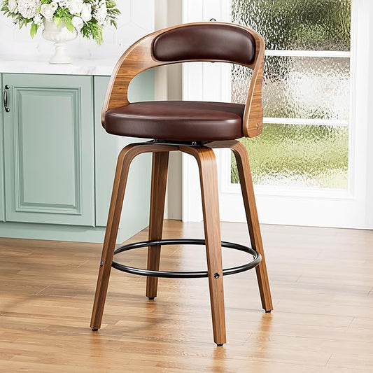 Bar Stools Set of 1, 26" Counter Height Barstools with Bentwood Legs, Swivel Counter Stools with Back, Mid Century Modern Faux Leather Upholstered Bar Chairs for Kitchen Island, Brown