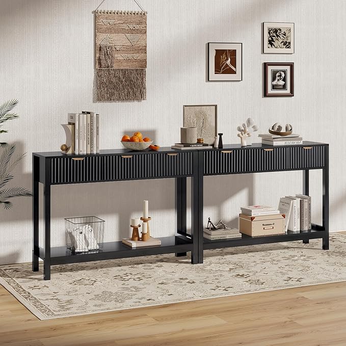 Fluted Console Table, Wooden Sofa Table with Storage and Drawers, Farmhouse Behind Couch Table Entryway Table for Entrance, Hallway, Living Room, Black