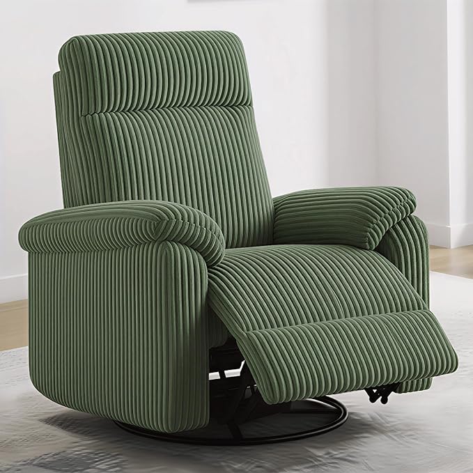 Swivel Rocker Recliner for Adults, Corduroy 360 Degree Swivel Glider Recliner Manual 3-Position Adjustable Easy Assembly for Small Space Living Room Nursery Bedroom