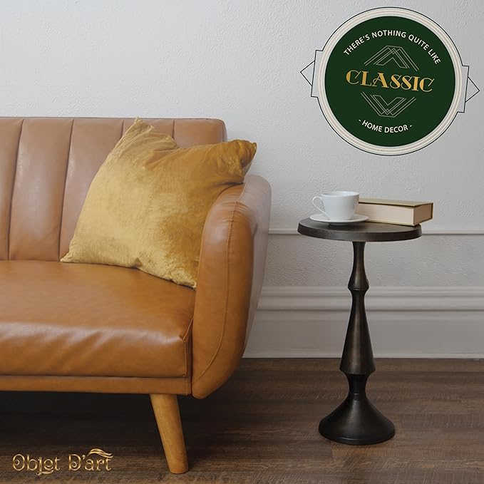 OBJET D'ART Small Round Black Side Table, Nero, 21" Height, Vintage Metal Accent, Side, Pedestal, Coctail and Drink Tables for Living Room and Small Spaces