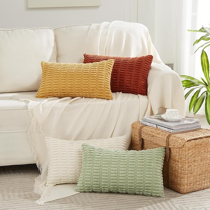 Fancy Homi 4 Packs Fall Boho Long Lumbar Decorative Throw Pillow Covers 12x24 Inch for Couch Bed Sofa, Aesthetic Modern Farmhouse Home Decor, Soft Striped Corduroy Rectangle Cushion Case 30x60 cm