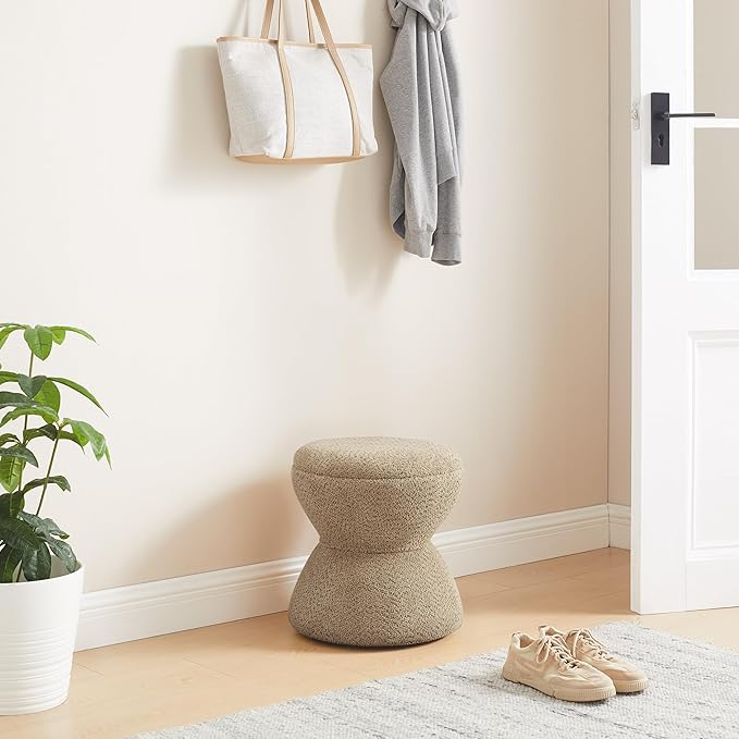 VANOMi Multi-Functional Boucle Ottoman, Vanity Stool Chair, Sturdy Wooden Footstool, Suitable for Living Room, Bedroom, and Entryway, Without Installation, Camel