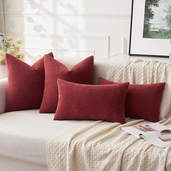 MIULEE Wine Red Couch Pillow Covers 18x18 Inch, Set of 2 Soft Chenille Decorative Square Throw Pillow Covers Christmas Farmhouse for Sofa Living Room Bed
