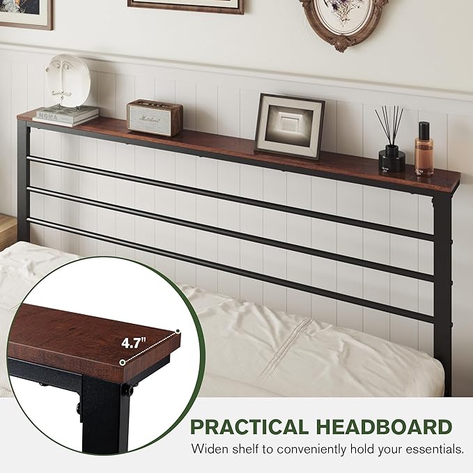 MUTICOR King Size Metal Platform Bed Frame with Shelf Headboard, No Box Spring Needed, Easy Assembly, Brown Shelf