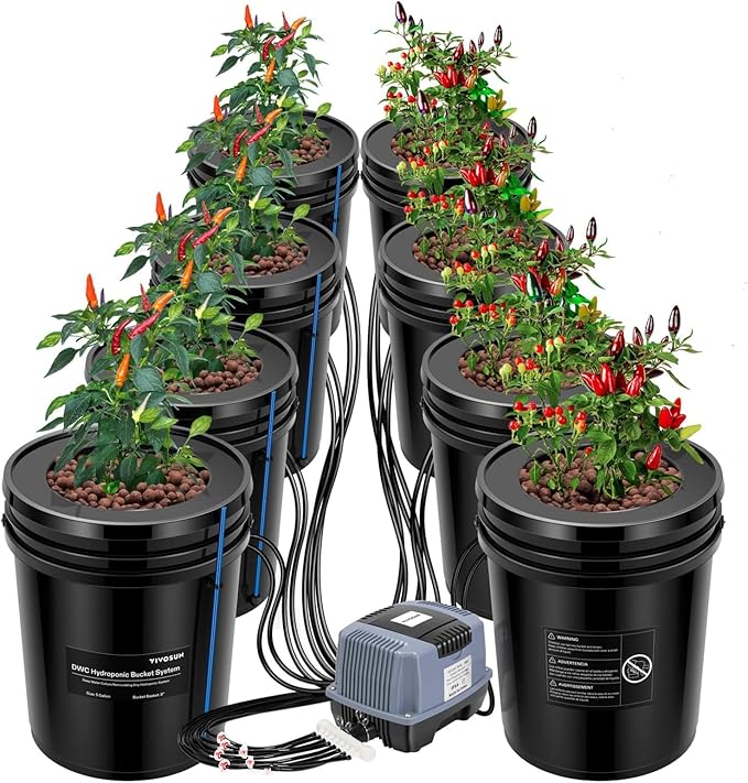 VIVOSUN DWC Hydroponics Grow System with Top Drip Kit, 5-Gallon Deep Water Culture, Recirculating Drip Garden System with Multi-Purpose Air Hose, Air Pump, and Air Stone (8 Buckets + Top Drip Kit)