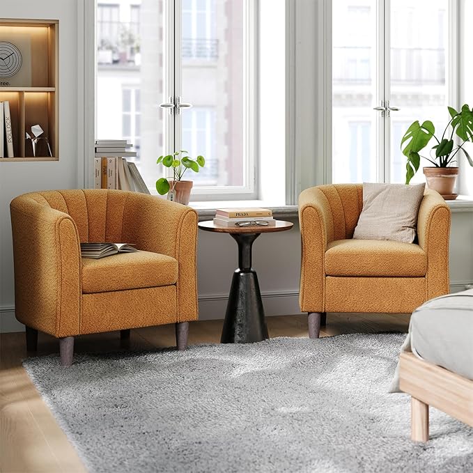 LINSY Accent Chair with Ottoman, Chenille Barrel Chair with Footstool, Modern Upholstered Armchair for Living Room Bedroom Waiting Room Office, Orange