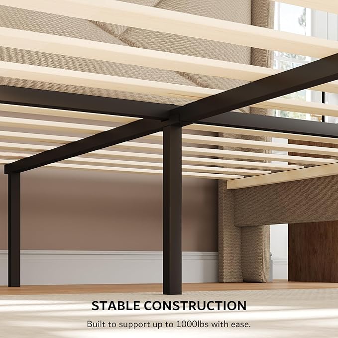 iPormis Full Size Bed Frame with Charging Station, Linen Platform Bed Frame with Wingback Upholstered Headboard, Solid Wood Slats Support, No Box Spring Needed, Easy Assembly, Beige