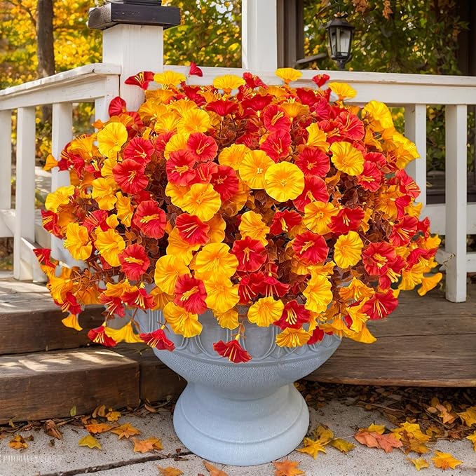Artificial Fall Flowers for Outdoor, Fake Petunias Plants, Faux Flower, Fake Mums, 4PCS Fall Outdoor Decoration, UV Resistant, Silk Morning Glorias, for Home Garden Porch Planter (Golden Autumn)