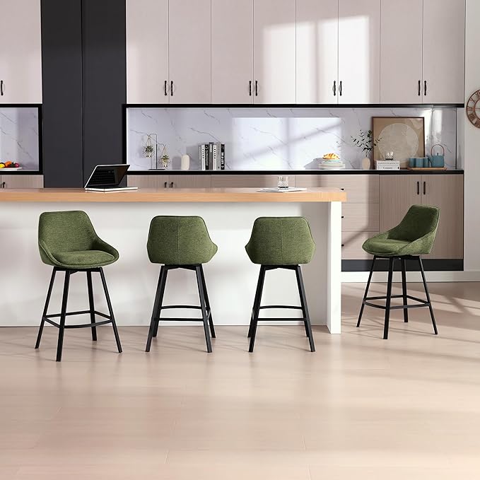 Zesthouse Swivel Bar Stools Set of 2, Modern Counter Height Barstools with Backs, 26'' Upholstered Linen Fabric High Chairs for Island Kitchen, Counter Height Chairs with Metal Legs, Green