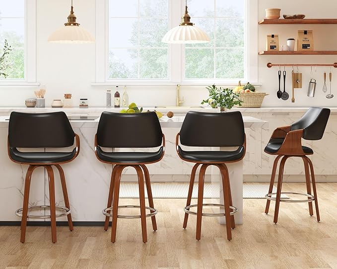 26’’ Modern Barrel Swivel Counter Stools Counter Height Swivel Bar Stools with Backs Set of 6 Black Faux Leather Upholstered Bar Height Island Chairs, Farmhouse Walnut Wood Barstool for Kitchen Island