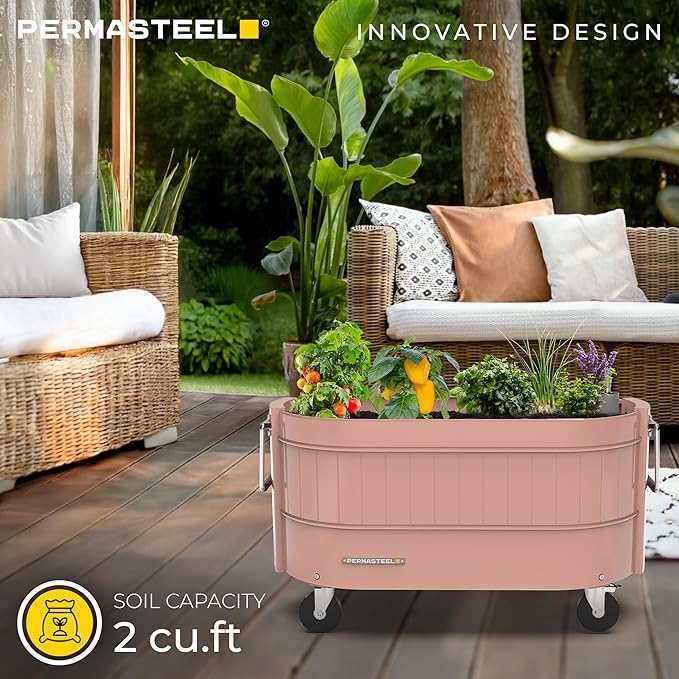 Permasteel Self-Watering Garden Bed, Rolling Planter for Vegetables, Flowers, Herbs, and Fruit, Outdoor Indoor, Caster Wheels, Pink