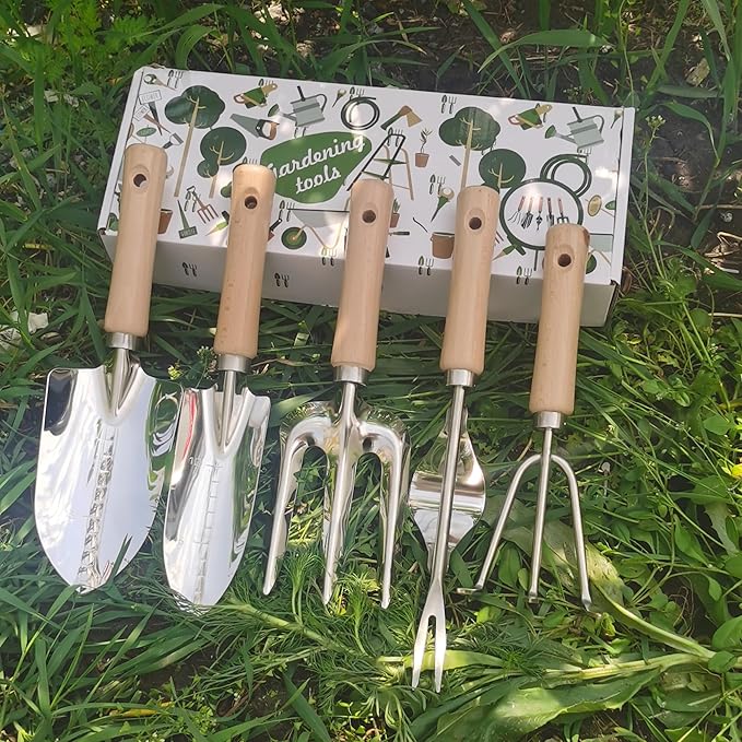 Garden Tools Set, 5 Piece Stainless Steel Hand Tool Kit with Ergonomic Wooden Handle, Heavy Duty Gardening Tools Include Hand Trowel, Transplant Trowel, Hand Rake, Hand Fork and Weeder