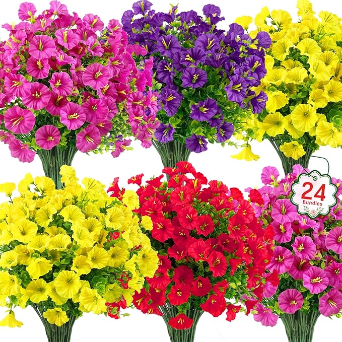 Ouddy Decor 24 Bundles Artificial Flowers for Outdoors Decoration Fake Silk Morning Glory Flowers Faux Eucalyptus Plants UV Resistant for Porch Patio Garden Spring Summer Home Decor, Multicolor