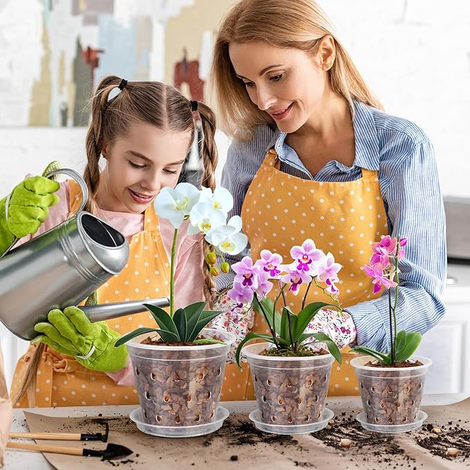 Orchid Pot, 6 Pack 4 Inch (Top Diameter) Clear Orchid Pots with Holes and Saucers for Repotting, Breathable Slotted Plastic Orchid Planters with Drainage for Root Health Indoor Outdoor