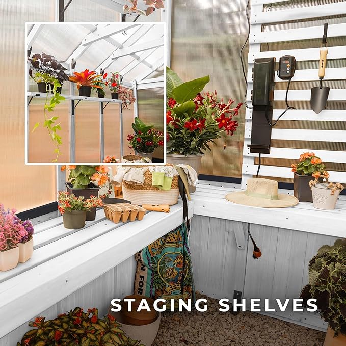 Backyard Discovery Bellerose 9' x 6' White Cedar Wood and Polycarbonate Walk-in Greenhouse Kit with Pergola, Exhaust Fan, Window, Hose Hook-Ups, PowerPort, Staging Shelves for Outdoor Gardening