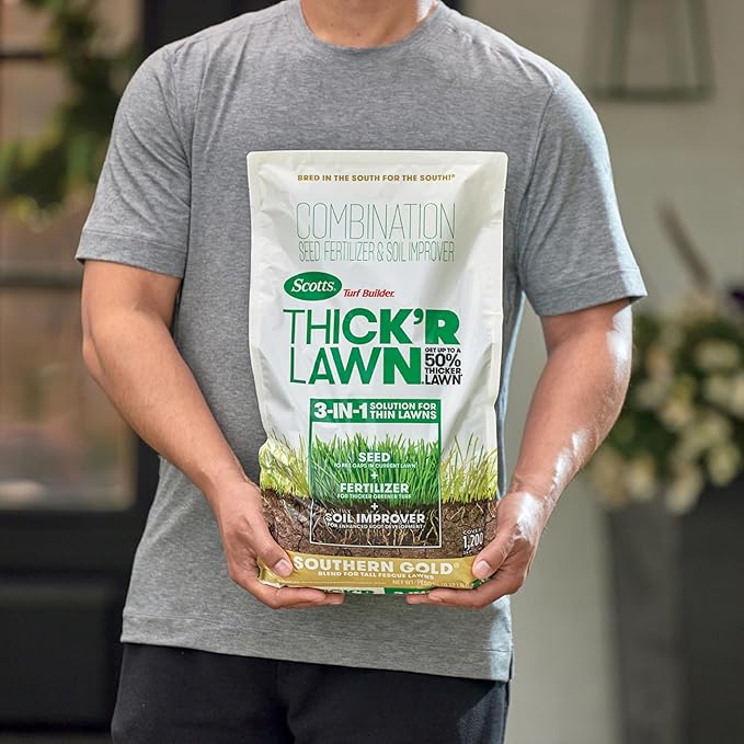 Scotts Turf Builder Thick'R Lawn Southern Gold Blend for Tall Fescue Lawns, Grass Seed, Fertilizer, and Soil Improver, 12 lb.