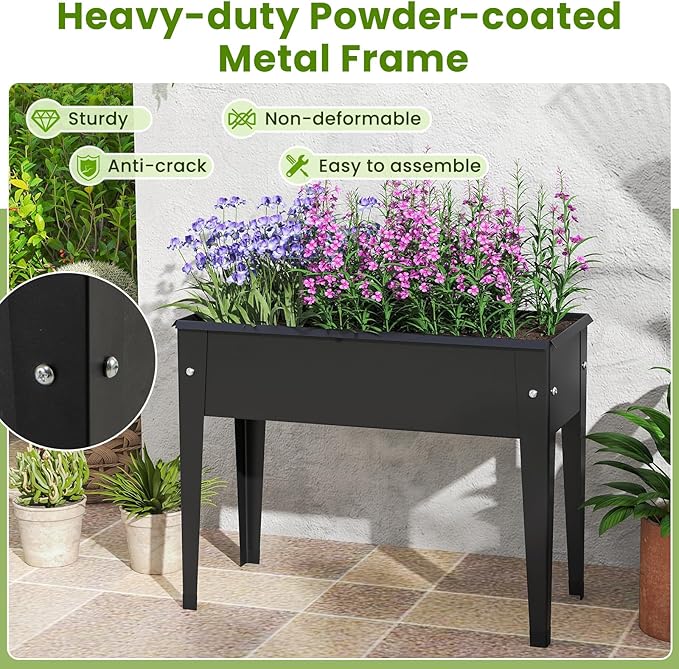 HAPPYGRILL Raised Garden Bed, Metal Elevated Planter Box w/Legs, Drainage Holes for Growing Vegetables Fruits Flowers, Indoor Outdoor Standing Plant Container for Backyard Patio (24”x11”x18”)